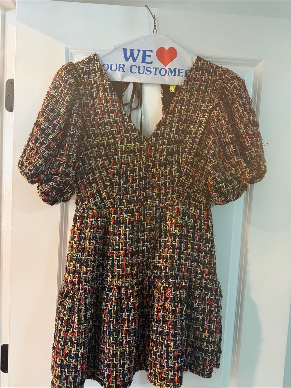 Multicolor Tweed Puff-Sleeve Mini Dress